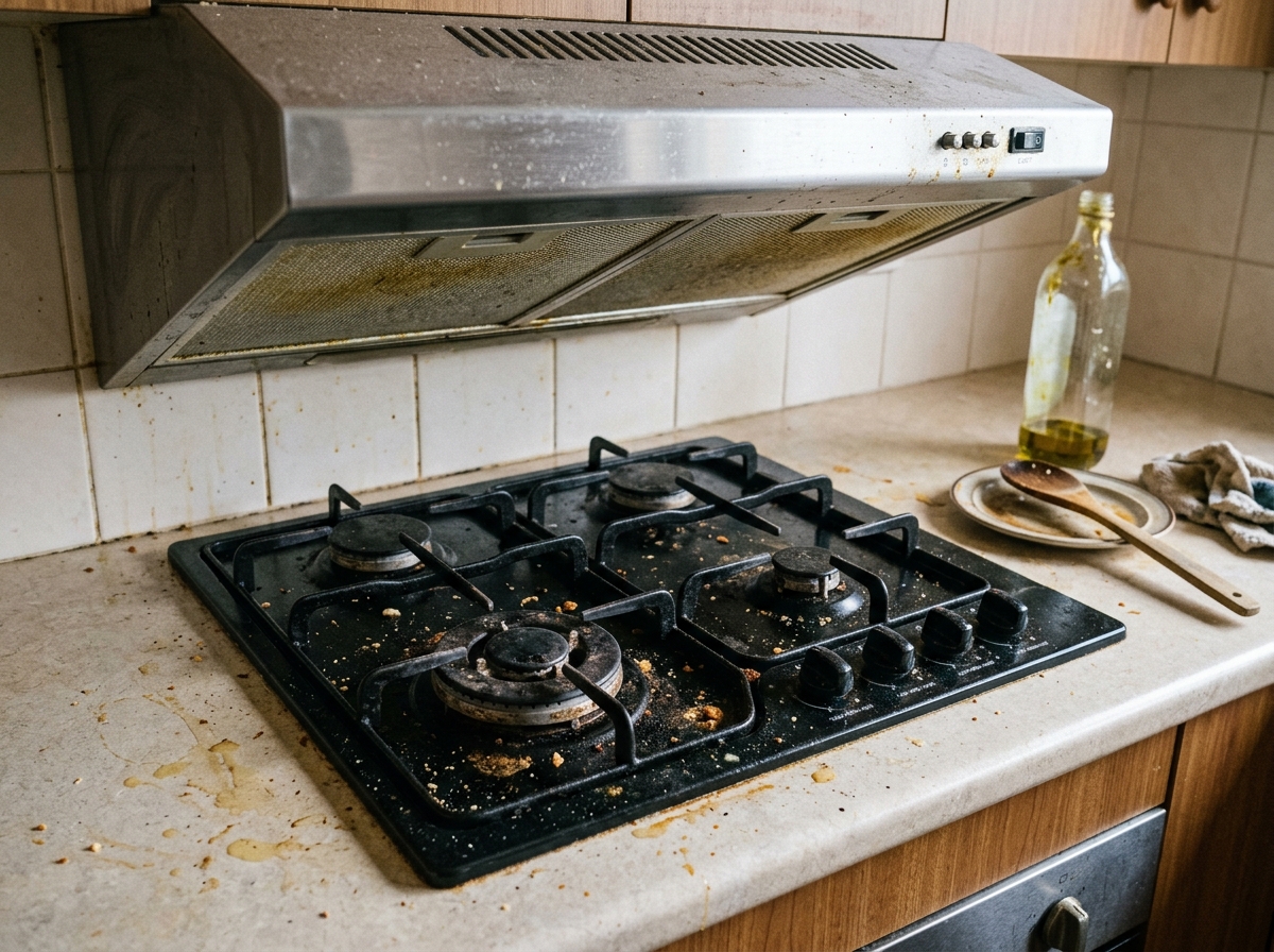 Dirty kitchen counter before cleaning